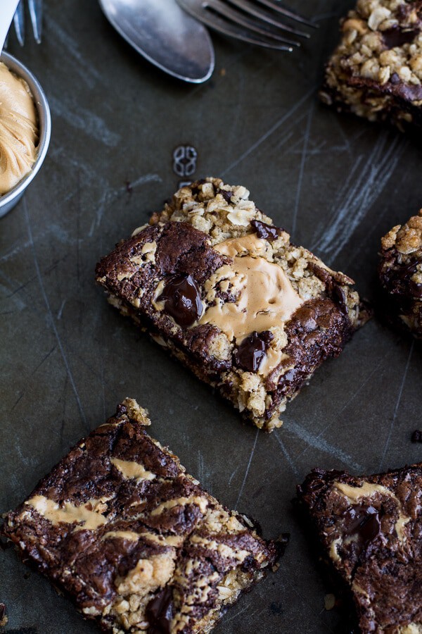 Oatmeal Chocolate Chunk Cookie Peanut Butter Swirled Brownies | halfbakedharvest.com