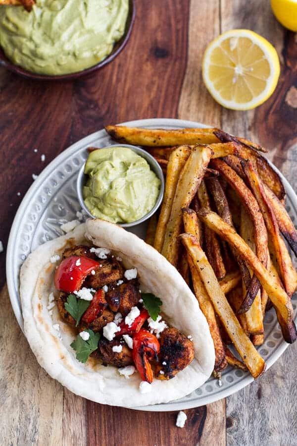 Shish Tawook (Grilled Chicken Skewers) wirth Roasted Garlic Avocado Mayo | halfbakedharvest.com