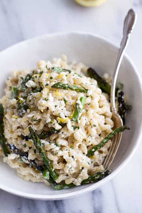 Simple Lemony Feta and Mascarpone Pasta with Grilled Asparagus | Simple Lemony Feta and Mascarpone Pasta with Grilled Asparagus | halfbakedharvest.com