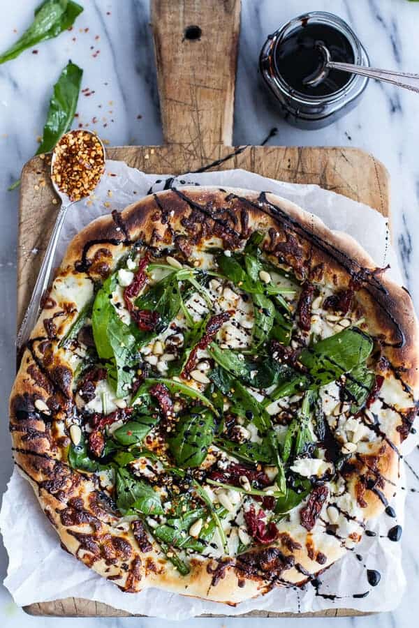 Spring Time Mushroom + Asparagus White Burrata Cheese Pizza with Balsamic Drizzle | halfbakedharvest.com