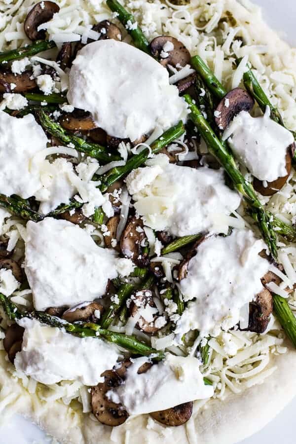 Spring Time Mushroom + Asparagus White Burrata Cheese Pizza with Balsamic Drizzle | halfbakedharvest.com