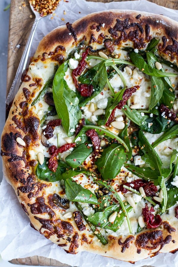 Spring Time Mushroom + Asparagus White Burrata Cheese Pizza with Balsamic Drizzle | halfbakedharvest.com