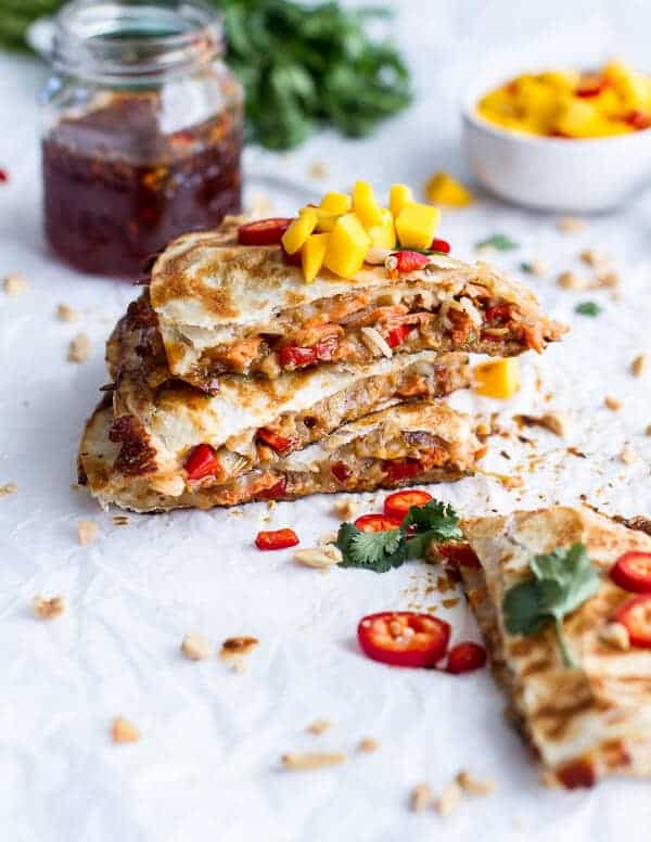 Sweet Thai Chili Salmon Quesadillas with Spicy Mango | halfbakedharvest.com