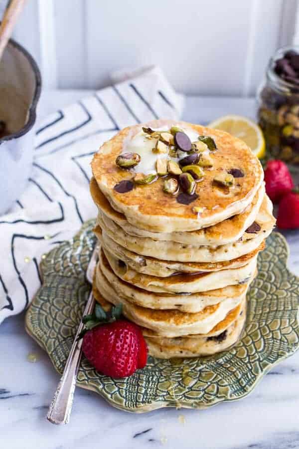 Chocolate Chip Lemon Baklava Pancakes with Salted Vanilla Honey Syrup | halfbakedharvest.com