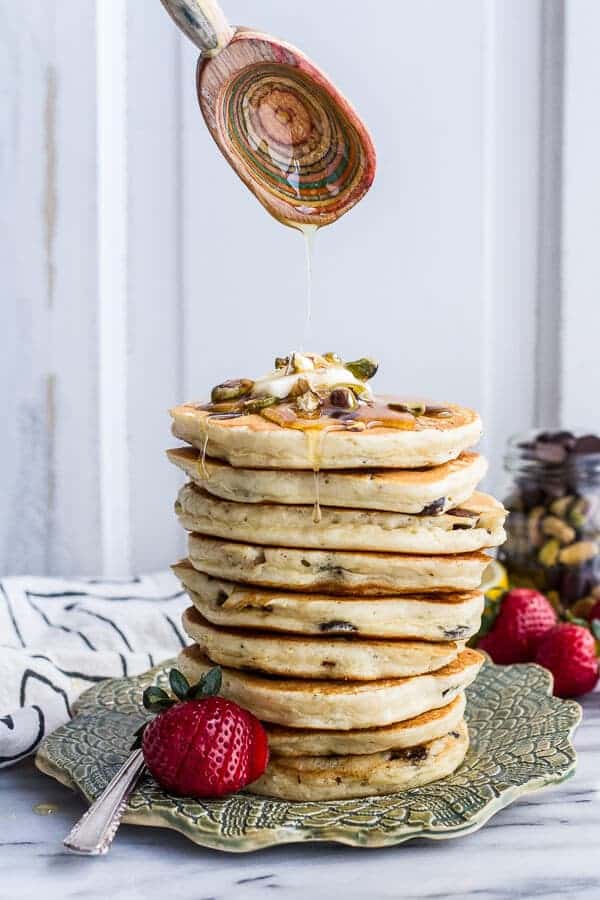 Chocolate Chip Lemon Baklava Pancakes with Salted Vanilla Honey Syrup | halfbakedharvest.com