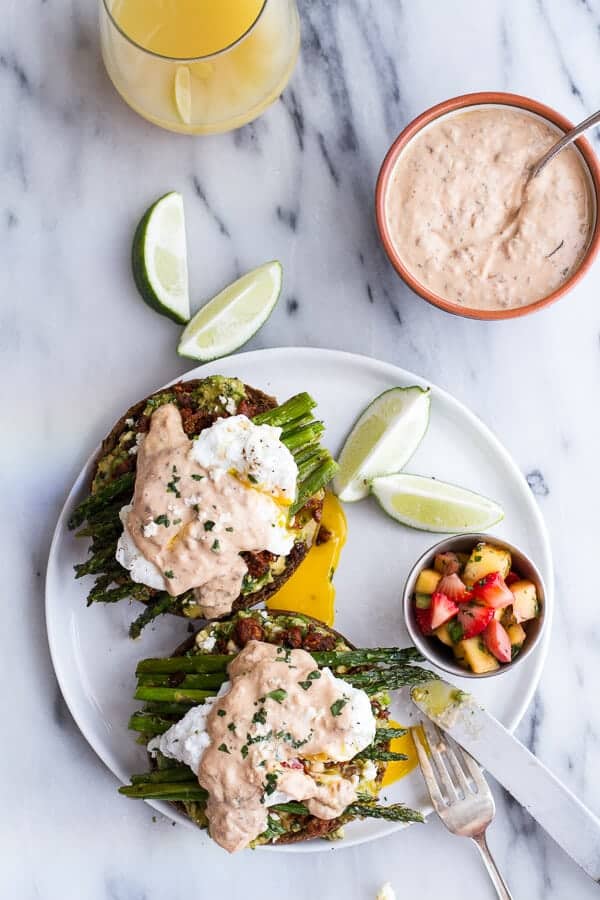 Cotija Guacamole + Chorizo Eggs Benedict with Honey Chipotle Lime Sauce | halfbakedharvest.com