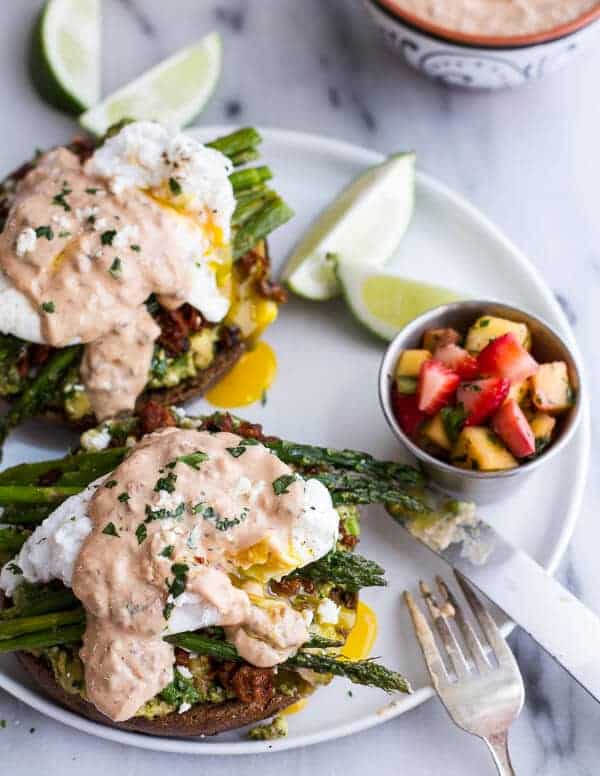 Cotija Guacamole + Chorizo Eggs Benedict with Honey Chipotle Lime Sauce | halfbakedharvest.com