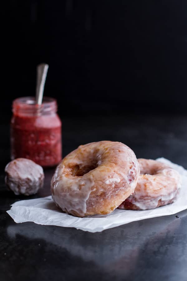 Glazed Peanut Butter and Jelly Doughnuts...with Strawberry-Rhubarb Chia Jelly | halfbakedharvest.com