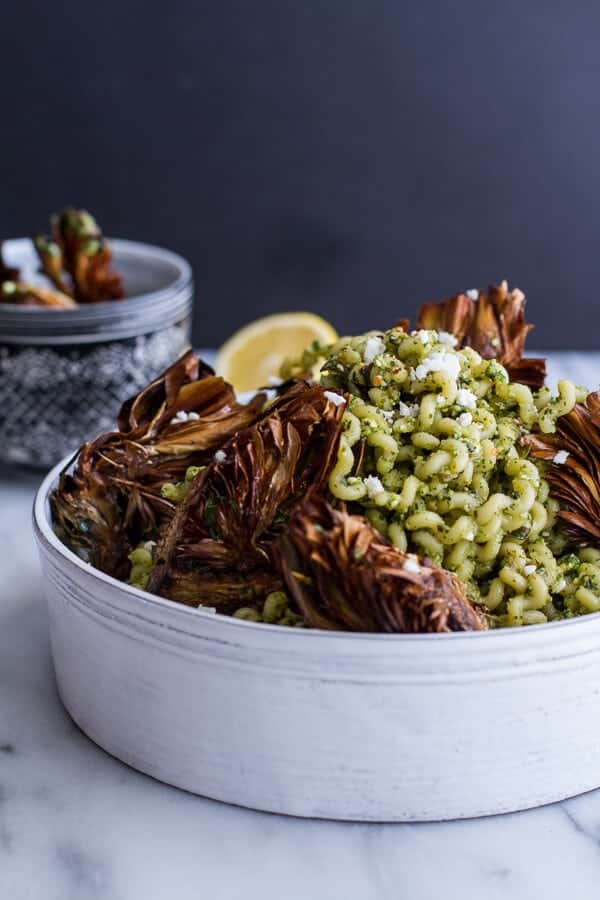 Pan Fried Lemony Artichokes with Asparagus Pistachio Pesto Pasta | halfbakedharvest.com