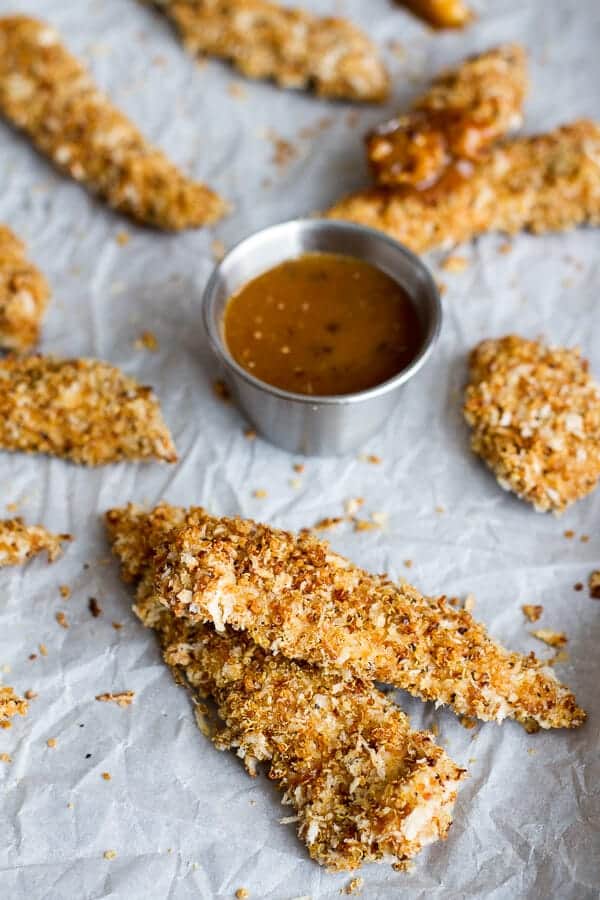 Quinoa Crusted Chicken Strips with BBQ Honey Mustard | halfbakedharvest.com