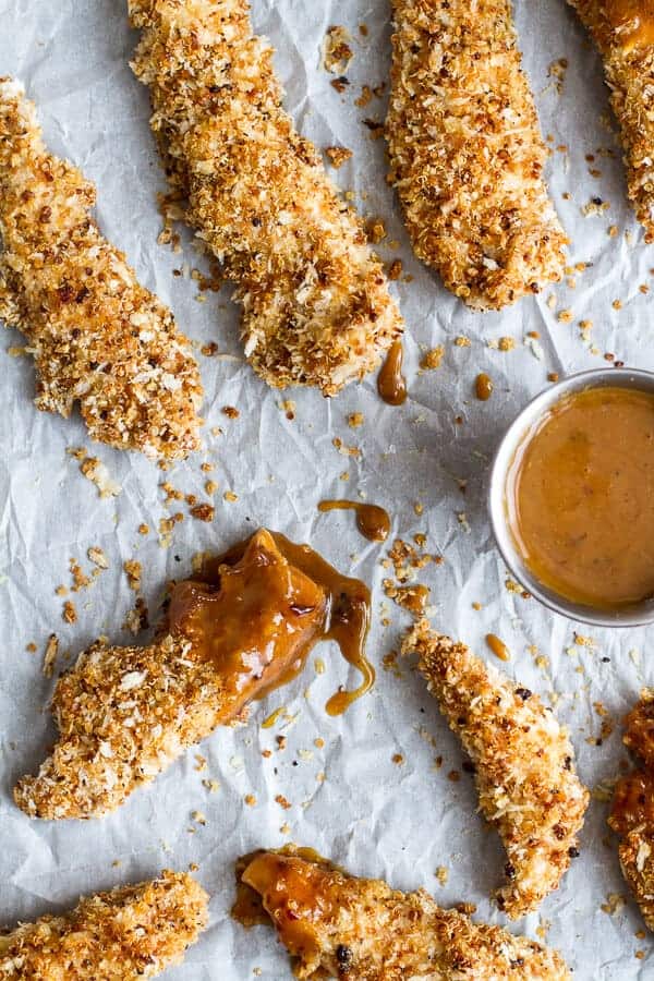 Quinoa Crusted Chicken Strips with BBQ Honey Mustard | halfbakedharvest.com