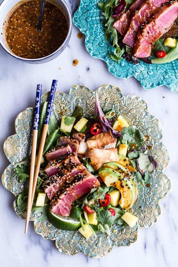 Seared Ahi Tuna Poke Salad with Hula Ginger vinaigrette + Wonton Crisps | halfbakedharvest.com