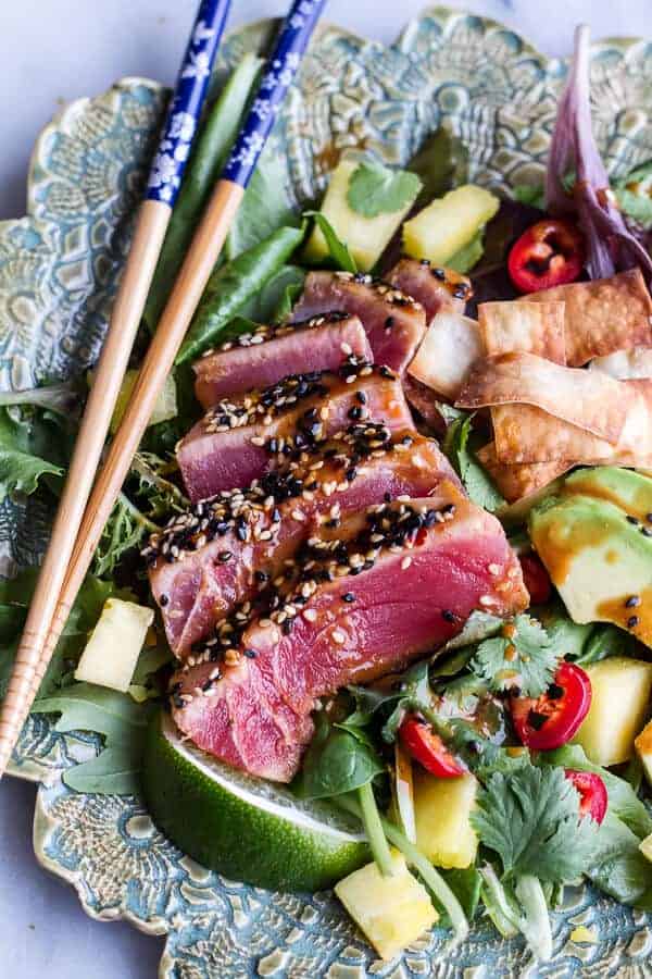 Seared Ahi Tuna Poke Salad with Hula Ginger vinaigrette + Wonton Crisps | halfbakedharvest.com