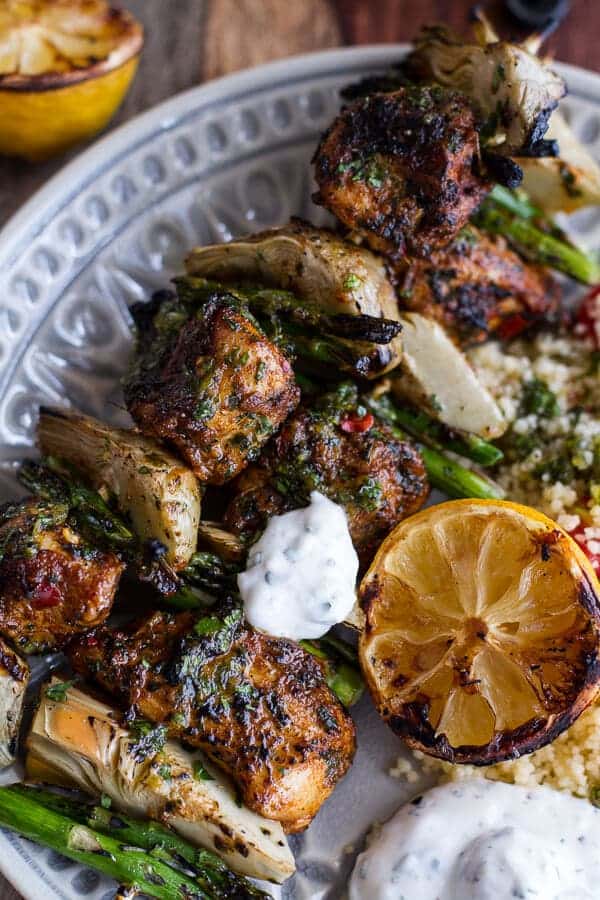 Spring Veggie + Lemon Moroccan Chicken Skewers with Minted Goat Cheese Yogurt | halfbakedharvest.com