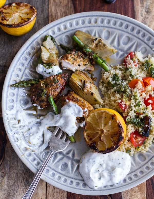 Spring Veggie + Lemon Moroccan Chicken Skewers with Minted Goat Cheese Yogurt | halfbakedharvest.com