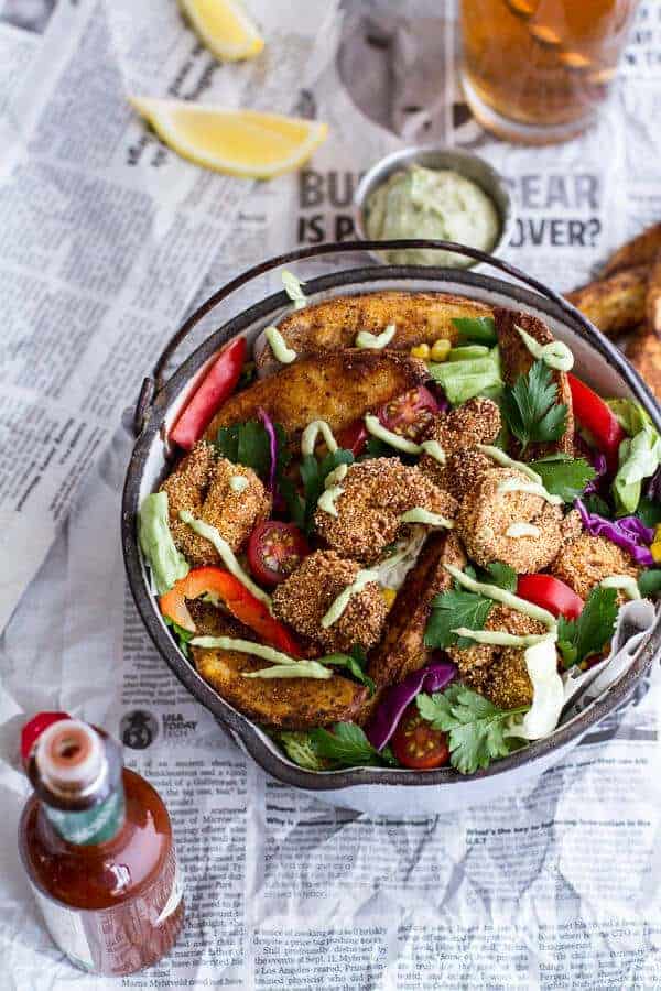 Cajun Shrimp 'n' Chips Po Boy Salad with Avocado Tarter Sauce | halfbakedharvest.com