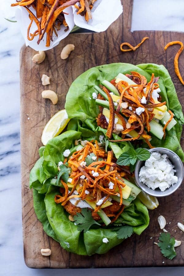 Curried Salmon Burger Lettuce Wraps w-Crispy Sweet Potato Straws + Goat cheese | halfbakedharvest.com @hbharvest
