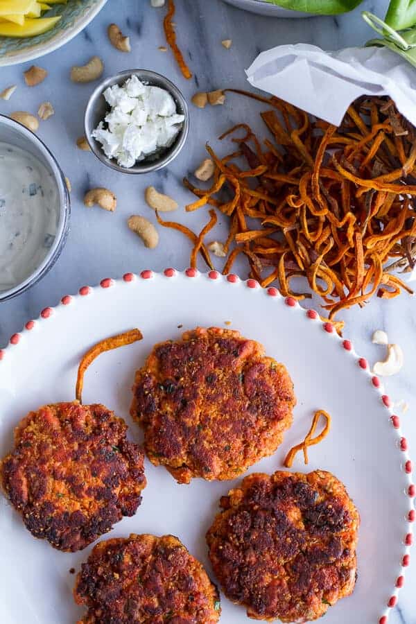Curried Salmon Burger Lettuce Wraps w-Crispy Sweet Potato Straws + Goat cheese | halfbakedharvest.com