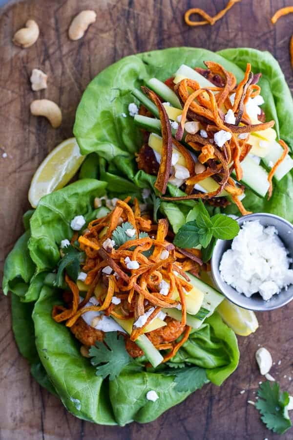 Curried Salmon Burger Lettuce Wraps w-Crispy Sweet Potato Straws + Goat cheese | halfbakedharvest.com