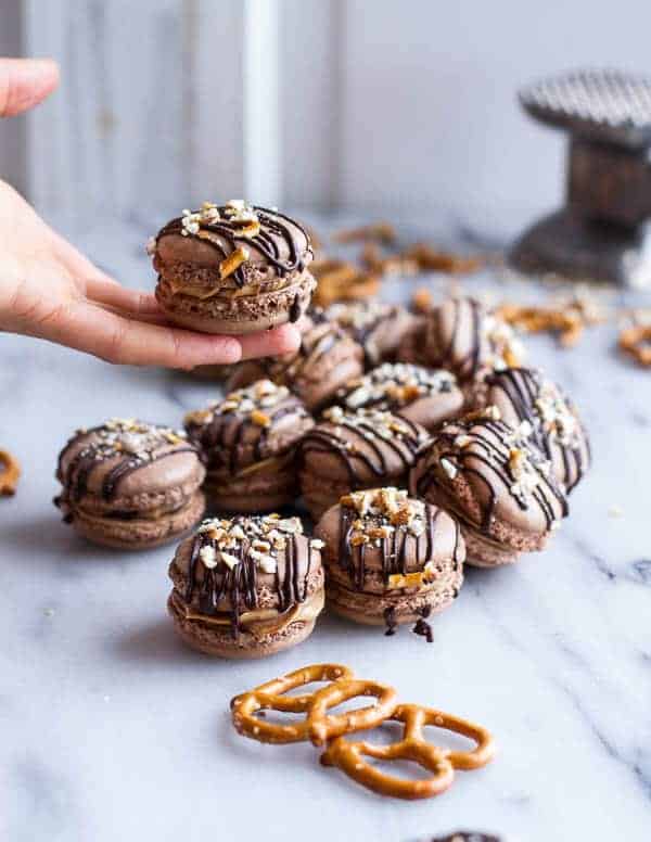 Frozen Hot Fudge and Peanut Butter Swirled Pretzel Macarons | halfbakedharvest.com