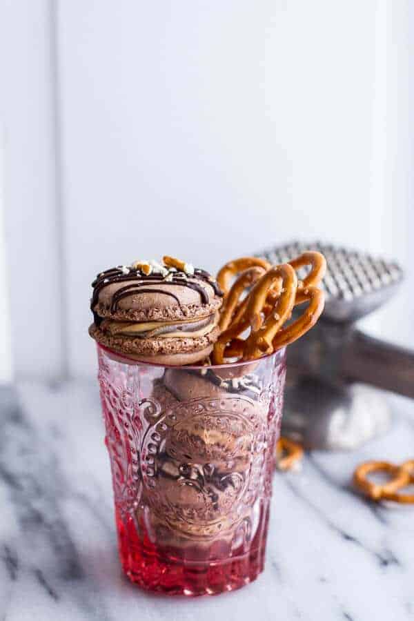 Frozen Hot Fudge and Peanut Butter Swirled Pretzel Macarons | halfbakedharvest.com