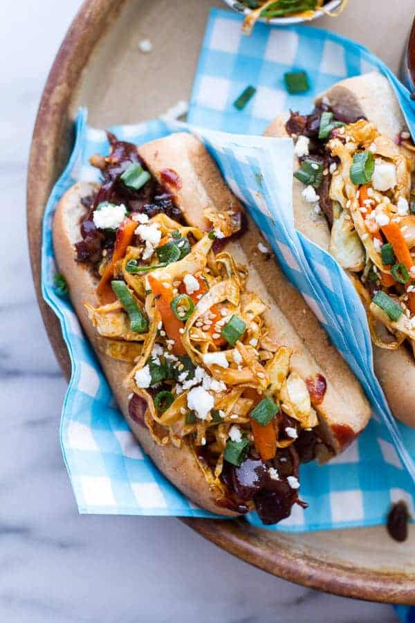 Grilled Korean BBQ Short Rib Dogs w-Sweet Peach Relish + Spicy Korean Slaw | halfbakedharvest.com