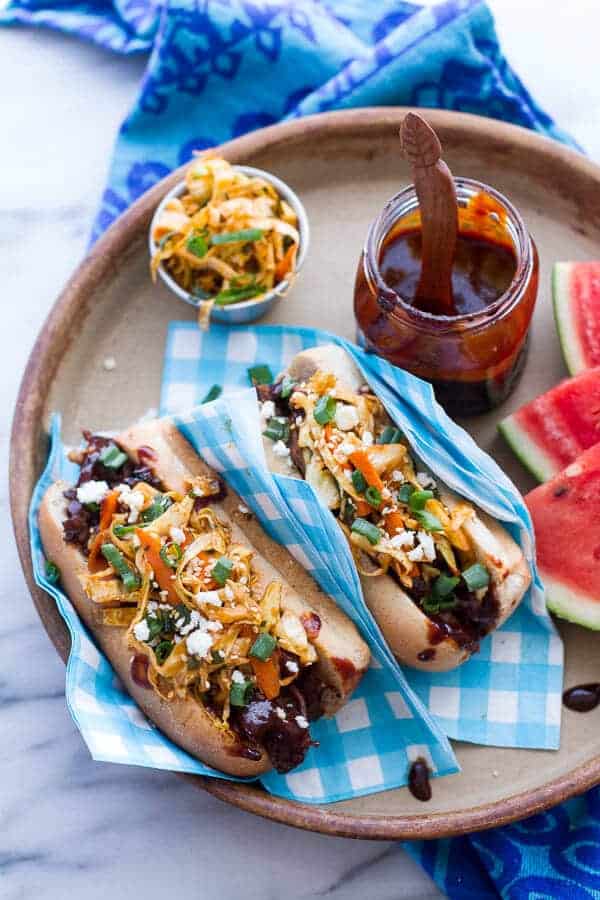 Grilled Korean BBQ Short Rib Dogs w-Sweet Peach Relish + Spicy Korean Slaw | halfbakedharvest.com