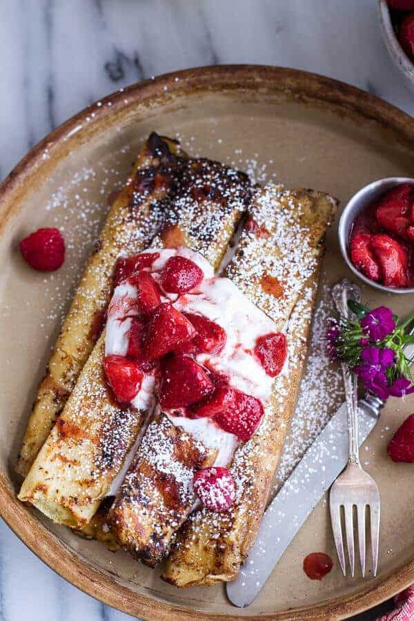 Lemon Ricotta Cheese Stuffed French Toast Crepes with Vanilla Stewed Strawberries | halfbakedharvest.com