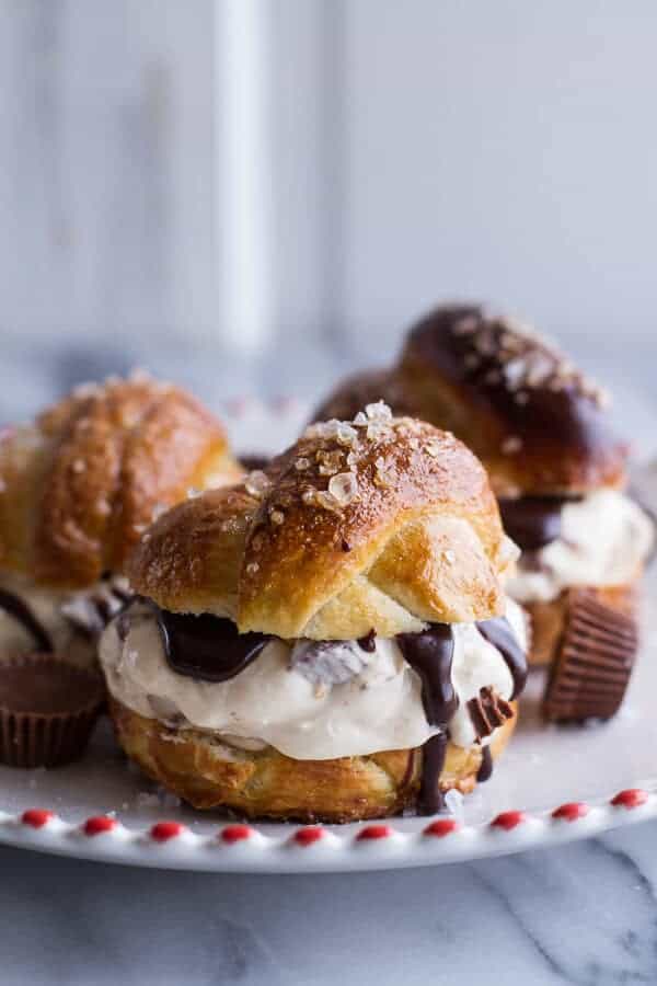 No-Churn Caramel Peanut Butter Cup Soft Pretzel Ice Cream Sammies w-Hot Fudge | halfbakedharvest.com
