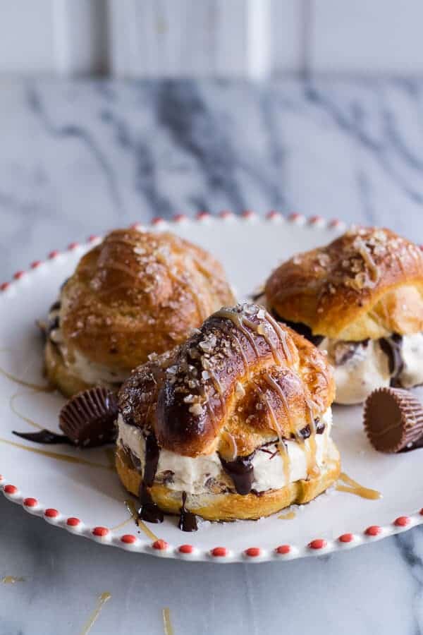No-Churn Caramel Peanut Butter Cup Soft Pretzel Ice Cream Sammies w-Hot Fudge | halfbakedharvest.com