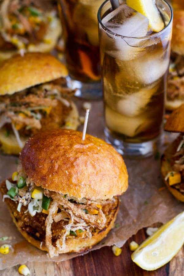Sweet Tea Oven-Fried Chicken Sliders w- Jalapeño Cheddar Corn Slaw + Crispy Onions | halfbakedharvest.com