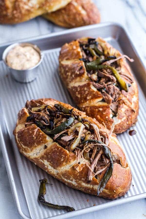 Cleveland Cheesesteaks with Pretzel Hoagie Rolls | halfbakedharvest.com