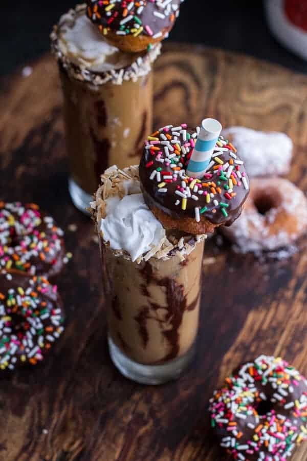 Coconut Iced Coffee...with Mini Chocolate Glazed Coffee Doughnuts | halfbakedharvest.com