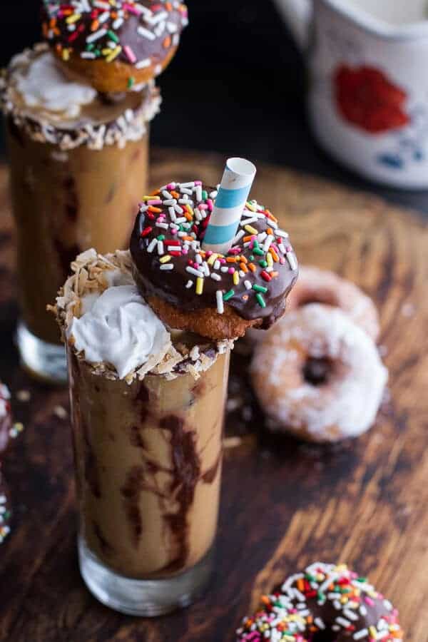 Coconut Iced Coffee...with Mini Chocolate Glazed Coffee Doughnuts | halfbakedharvest.com