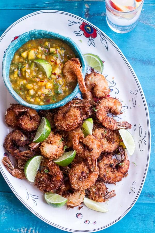 Coconut-Lime Fried Shrimp with Fiery Mango-Peach Jalapeño Sauce | halfbakedharvest.com