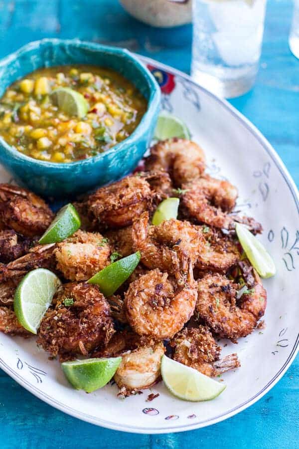 Coconut-Lime Fried Shrimp with Fiery Mango-Peach Jalapeño Sauce | halfbakedharvest.com