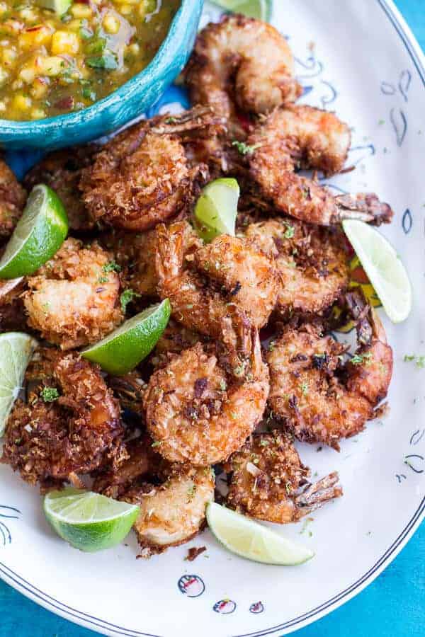 Coconut-Lime Fried Shrimp with Fiery Mango-Peach Jalapeño Sauce.-5