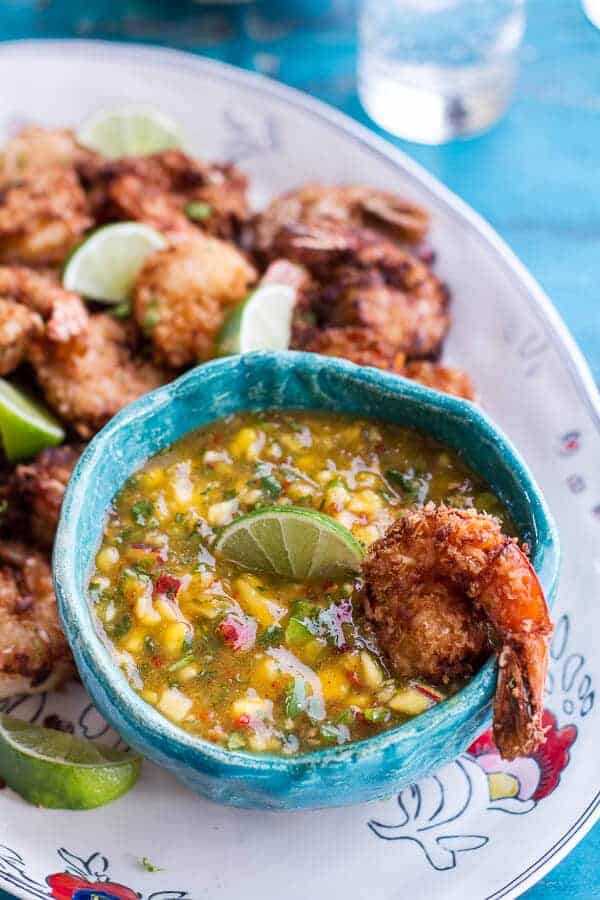 Coconut-Lime Fried Shrimp with Fiery Mango-Peach Jalapeño Sauce | halfbakedharvest.com