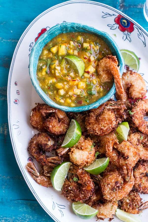 Coconut-Lime Fried Shrimp with Fiery Mango-Peach Jalapeño Sauce | halfbakedharvest.com