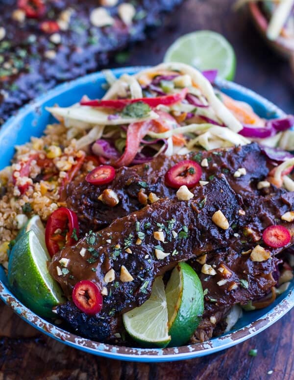 Extra Sticky Thai BBQ Ribs w-Peanut BBQ Sauce + Sweet Thai Ginger Slaw | halfbakedharvest.com