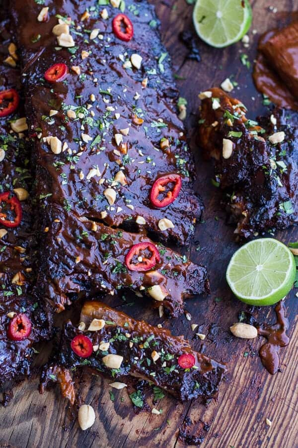 Extra Sticky Thai BBQ Ribs w-Peanut BBQ Sauce + Sweet Thai Ginger Slaw | halfbakedharvest.com