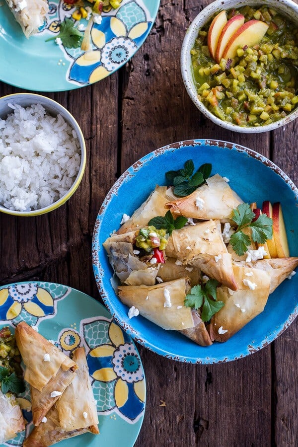 Garden Veggie and Goat Cheese Samosas with Sweet Peach and Basil Chutney | halfbakedharvest.com