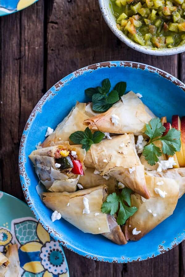Garden Veggie and Goat Cheese Samosas with Sweet Peach and Basil Chutney | halfbakedharvest.com