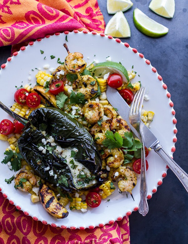 Grilled Chiles Rellenos with Chipotle Peach Mojo Shrimp | halfbakedharvest.com