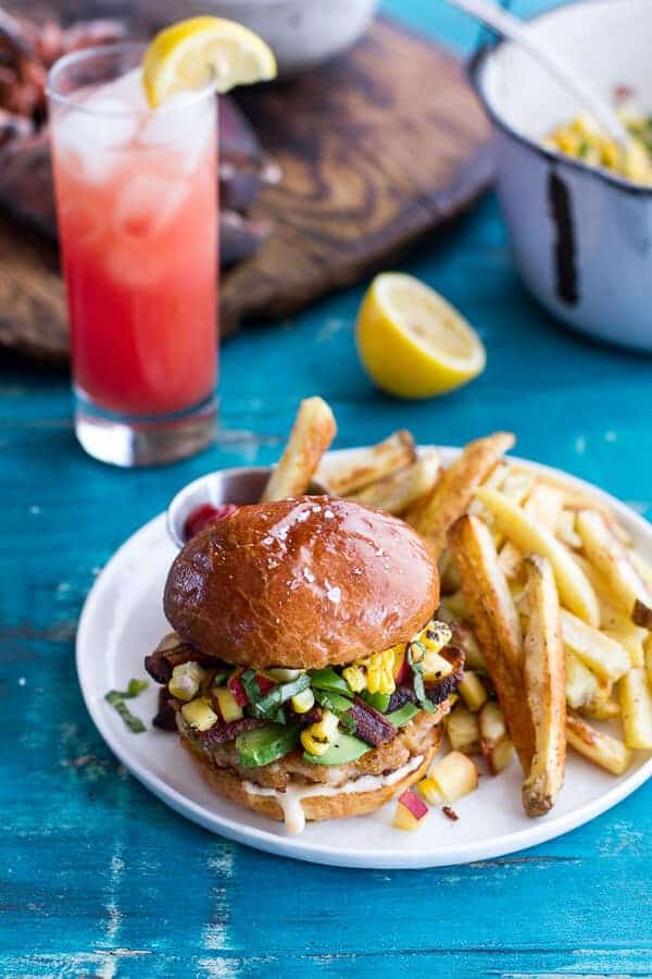 Lobster Burgers w/Browned Butter Lemon Aioli + Basil Corn Salsa, Bacon ‘n’ Avocado | halfbakedharvest.com
