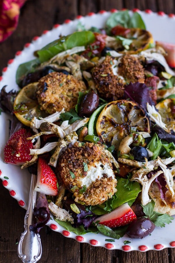Moroccan Chicken Salad with Pistachio Crusted Fried Goat Cheese + Garlic Naan | halfbakedharvest.com