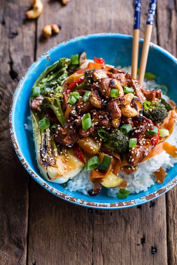 Quick Honey Ginger Pineapple and Summer Veggie Chicken Stir Fry with Caramelized Cashews | halfbakedharvest.com