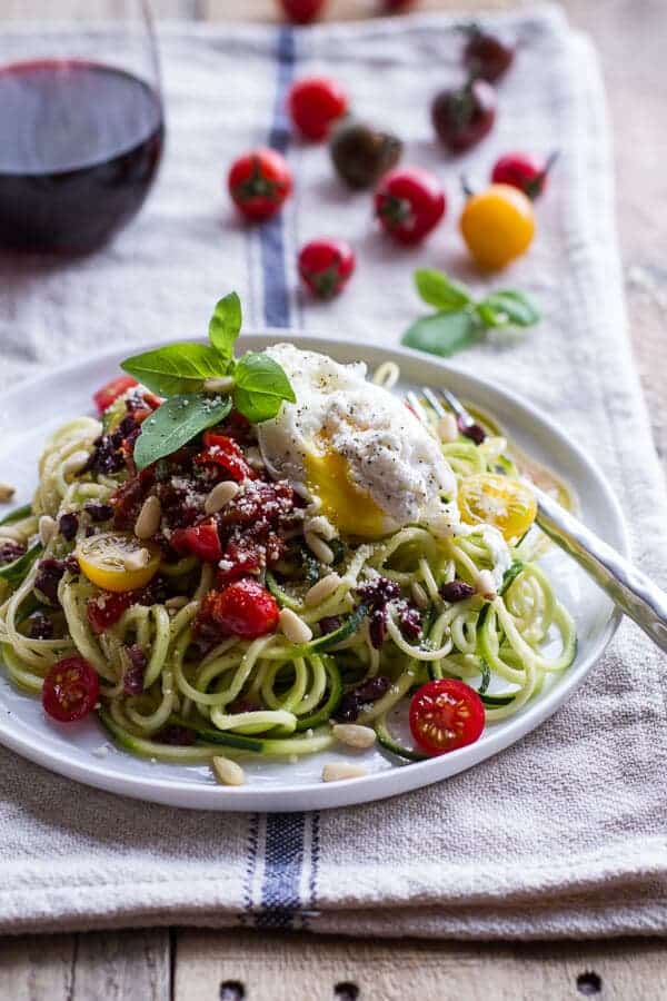 15-Minute Zucchini Pasta w- Poached eggs and Quick Heirloom Cherry Tomato Basil Sauce | halfbakedharvest.com