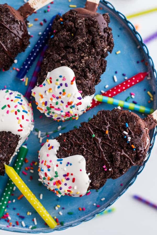5-Ingredient Caramel Double Chocolate Birthday Ice Cream Cake Bars on a Stick | halfbakedharvest.com