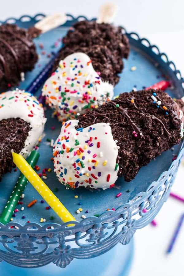 5-Ingredient Caramel Double Chocolate Birthday Ice Cream Cake Bars on a Stick | halfbakedharvest.com